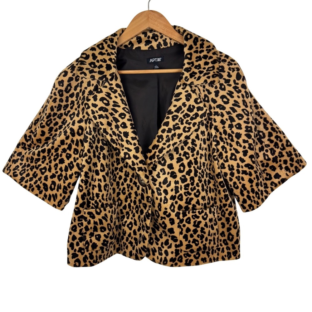 Leopard Print Faux Fur Cropped Jacket Womens Short Sleeve Tan Brown Large‎ Apt 9